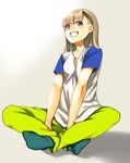  brown_hair face fang grin hama_(22ji_kara_24ji) highres indian_style multicolored multicolored_eyes original pants shirt short_sleeves sitting smile socks solo t-shirt 