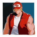  1boy baseball_cap blonde_hair blue_eyes closed_mouth cropped_arms cropped_torso fatal_fury fatal_fury_cap fingerless_gloves gloves hair_between_eyes hat highres jacket long_hair looking_at_viewer male_focus muscular muscular_male plasticcero99 red_jacket shirt sleeveless sleeveless_jacket sleeveless_shirt smile solo t-shirt terry_bogard the_king_of_fighters upper_body white_shirt 