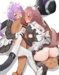  1boy 2girls ahoge anilingus animal_ear_fluff animal_ears apron blush bow braid brown_hair cat_ears cat_girl cat_tail censored commentary_request cum dog_ears dog_girl dog_tail dress frilled_dress frills gloves group_sex hair_between_eyes hair_ornament heart hetero highres hololive inugami_korone kinekoo1229 lipstick_mark maid maid_apron maid_headdress multiple_girls nekomata_okayu no_shoes one_eye_closed oral pantyhose penis purple_eyes purple_hair simple_background sitting_on_face soles tail testicle_sucking threesome vacuum_cleaner virtual_youtuber white_bow white_gloves yellow_background 