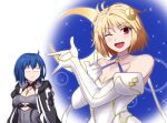  2girls :d \m/ ahoge arcueid_brunestud bare_shoulders bishoujo_senshi_sailor_moon black_hoodie blonde_hair blue_hair breasts choker ciel_(tsukihime) cleavage crescent crescent_hair_ornament crescent_moon cross cross_necklace crossed_arms detached_sleeves dress fate/grand_order fate_(series) gloves gold_trim hair_intakes hair_ornament highres hood hoodie jewelry looking_at_another magical_girl moon multiple_girls mysterious_executor_c.i.e.l_(fate) necklace one_eye_closed open_clothes open_hoodie parody phantas-moon pointing pointing_at_viewer short_hair smile sotomichi star_(sky) tsuki_ni_kawatte_oshioki_yo tsukihime tsukihime_(remake) upper_body white_dress white_gloves 