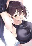  1girl absurdres armpits arms_up azur_lane bare_shoulders black_gloves black_tank_top blurry blush breasts brown_hair collarbone commentary crop_top depth_of_field from_above gloves high_ponytail highres jumpsuit large_breasts long_hair looking_at_viewer nonokuro_no96 official_alternate_costume open_jumpsuit open_mouth ponytail purple_jumpsuit racing_suit simple_background smile solo stretching sweat tank_top very_long_hair white_background yellow_eyes zuikaku_(azur_lane) zuikaku_(zoom_like_the_wind)_(azur_lane) 