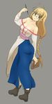  arc_the_lad arc_the_lad_ii ass bare_shoulders blonde_hair book braid breasts brown_eyes dress female full_body glasses hosi lieza long_hair looking_back pen simple_background single_braid solo 
