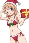  1girl :d anime_coloring arm_up ass_visible_through_thighs bikini black_outline blush bow box breasts christmas cleavage cowboy_shot dot_nose dutch_angle front-tie_bikini_top front-tie_top fur-trimmed_bikini fur-trimmed_headwear fur_trim gift gift_box gochuumon_wa_usagi_desu_ka? green_bow half-furrowed_brow hand_up hat highres holding holding_gift hoto_cocoa koi_(koisan)_(style) looking_at_viewer medium_breasts medium_hair navel one_eye_closed open_mouth orange_hair outline red_bikini riokasen santa_hat side-tie_bikini_bottom simple_background smile solo sparkle swimsuit three-finger_salute white_background yellow_bow 