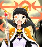  bad_id bad_pixiv_id black_hair brown_eyes cape crown earrings eyepatch food_themed_hair_ornament hair_ornament halloween jack-o'-lantern jack-o'-lantern_earrings jewelry laughing long_hair ponytail pumpkin pumpkin_hair_ornament sakamoto_mio sayu_(mio-mosa) scepter solo strike_witches upper_body world_witches_series 
