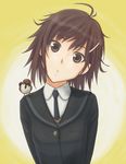  akito_(akitotika) amagami animal animal_on_shoulder bird bird_on_shoulder black_jacket blush brown_eyes brown_hair eurasian_tree_sparrow hair_ornament hairclip head_tilt itou_kanae_(amagami) jacket kibito_high_school_uniform long_sleeves open_mouth school_uniform short_hair solo sparrow 