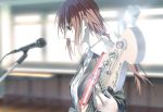  1girl bangs bass_guitar black_cardigan blurry blurry_background brown_hair buttons classroom from_side instrument long_hair low_ponytail microphone nail original pale_skin ponytail school shirt solo upper_body white_shirt window zxlai 