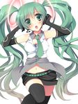  alternate_costume amamine bad_id bad_pixiv_id belt blush elbow_gloves gloves green_eyes green_hair hatsune_miku headset long_hair navel necktie open_mouth simple_background solo thighhighs twintails very_long_hair vocaloid 
