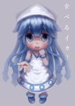  bad_id bad_pixiv_id blue_eyes blue_hair chibi dress hat highres ikamusume long_hair qin shinryaku!_ikamusume shrimp solo tentacle_hair 