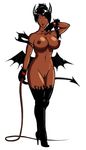  big_breasts boots breasts dark_hair dark_skin devil_tail dominatrix horns large_breasts latex looking_at_viewer pussy red_eyes simple_background solo tail whip wings 