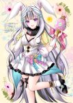  1girl animal_ears black_hair blush bow breasts broken broken_chain chain chained_legs cleavage dress easter_egg egg feather_hair_ornament feathers fire_emblem fire_emblem_engage fire_emblem_heroes floral_background flower grey_hair hair_ornament highres holding holding_egg kirishima_riona long_hair looking_at_viewer medium_breasts multicolored_hair official_alternate_costume open_mouth pink_flower pleated_dress polka_dot polka_dot_scarf polka_dot_sleeves purple_eyes rabbit_ears scarf smile solo streaked_hair translation_request two-tone_hair very_long_hair veyle_(fire_emblem) veyle_(spring)_(fire_emblem) wavy_hair white_dress wing_hair_ornament yellow_flower 