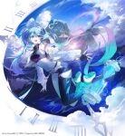  1girl absurdres aqua_eyes aqua_hair aqua_shoes arm_tattoo asymmetrical_clothes black_gloves black_shorts breasts clock clock_hands commentary_request disembodied_eye dna double_helix fingerless_gloves full_body gloves hair_between_eyes hair_ornament hatsune_miku highres hourglass jacket long_hair long_sleeves looking_at_another looking_at_viewer medium_breasts navel number_tattoo project_01:_time-loop roman_numeral shoes short_shorts shorts single_pantsleg sneakers solo soyoong_jun tattoo thighs timeloop_miku twintails very_long_hair vocaloid white_jacket 