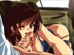  blush breasts brown_eyes brown_hair car car_interior censored fellatio ice_kick inside_car licking mosaic_censoring motor_vehicle nipple nipples no_bra oral panties panties_down pants_down panty_pull shirt_down sweat tongue underwear wink winking 