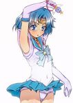  aburisamon arm_up bishoujo_senshi_sailor_moon blue_choker blue_eyes blue_hair blue_sailor_collar blue_skirt choker crystal_change_rod elbow_gloves gloves highres magical_girl mizuno_ami navel sailor_collar sailor_mercury sailor_senshi_uniform skirt solo star star_choker super_sailor_mercury_(stars) white_background white_gloves 