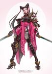 1girl armor arms_at_sides black_kimono breasts circle closed_mouth commentary cyborg dual_wielding earrings english_commentary floating_hair floral_print floral_print_kimono full_body geisha gradient_background hair_tubes hairstyle_request high_heel_feet highres holding holding_sword holding_weapon invisible_floor japanese_armor japanese_clothes jewelry katana kimono legs_apart long_hair long_sleeves making-of_available mecha_musume medium_breasts narrowed_eyes nose off_shoulder ofuda_earrings original pink_eyes pink_kimono pink_lips pink_sash print_kimono realistic sash science_fiction shoulder_armor single_bare_shoulder sode solo standing sword tachi-e turtleneck two-tone_kimono weapon white_background wide_sleeves yu_cheng_hong 