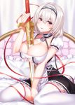  1girl anchor azur_lane bangs between_breasts blurry blurry_background blush breasts choker cleavage collarbone dress eyebrows_visible_through_hair hair_between_eyes hairband highres holding holding_sword holding_weapon indoors ken_ill lace-trimmed_hairband large_breasts looking_at_viewer on_bed open_mouth pillow puffy_sleeves red_eyes red_ribbon ribbon short_hair short_sleeves sidelocks sirius_(azur_lane) sitting solo sword thighhighs wariza weapon white_hair white_legwear 