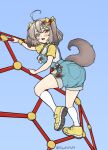 absurd_res canid canine climbing clothed clothing diaper diaper_under_clothing female floofnfluff footwear hi_res humanoid jungle_gym looking_back mammal overalls playground shoes simple_background solo tail wearing_diaper