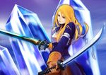  agrias_oaks armor blonde_hair blood braid crystal cut cuts female final_fantasy final_fantasy_tactics gloves injury katana long_hair orange_eyes single_braid solo sword unamu weapon 