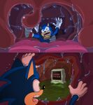  5_fingers acid ambiguous_gender anthro blue_body blue_fur bodily_fluids clothing comic eulipotyphlan feedfancier fingers footwear fur game_over game_over_screen gameplay_mechanics gloves green_eyes handwear hedgehog hi_res inside_stomach male_(lore) mammal open_mouth pupils quills_(anatomy) red_clothing red_footwear red_shoes saliva sega shoes small_comic small_pupils sonic_the_hedgehog sonic_the_hedgehog_(series) stomach_acid teeth tongue two_panel_image unseen_pred unwilling_prey uvula vore white_clothing white_gloves white_handwear wide_eyed 