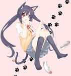  :o animal_ears bell cat_ears cat_tail jingle_bell k-on! kneehighs long_hair nakano_azusa neck_ribbon paw_pose paw_print plus9 red_ribbon ribbon school_uniform shoes shoes_removed skirt solo sweater_vest tail twintails uwabaki very_long_hair 