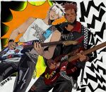  2boys ac/dc alternate_costume alternate_skin_color artist_name background_request bad_brains_(band) band_shirt belt black_choker black_jacket black_nails black_pants black_sabbath black_shirt blue_eyes bracelet bridge_piercing choker closed_mouth collarbone_tattoo colored_eyelashes commentary cowboy_shot crew_cut denim dutch_angle ear_piercing electric_guitar english_commentary eyebrow_piercing eyewear_on_head face_piercing facial_tattoo gojou_satoru gorillaz guitar highres holding holding_guitar holding_instrument instrument jacket jeans jewelry jujutsu_kaisen labret_piercing leather leather_jacket leather_pants light_smile lip_piercing looking_at_another looking_at_object male_focus merchandise mole mole_on_neck mole_under_eye mole_under_mouth mullet multicolored_jacket multiple_boys multiple_moles music nine_inch_nails nirvana_(band) outline pants piercing pink_hair playing_guitar playing_instrument plug_(piercing) punk rancid_(band) red_eyes red_hot_chili_peppers red_jacket round_eyewear ryoumen_sukuna_(jujutsu_kaisen) shirt sleeveless sleeveless_shirt smiley_face snakebite_(piercing) spiked_choker spiked_jacket spikes sticker studded_belt sunglasses system_of_a_down tan tattoo to_0fu too_many_stickers torn_clothes torn_pants two-tone_jacket wallet_chain white_eyelashes white_hair white_outline white_shirt zipper 