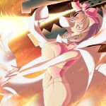  1girl ass attack bow breasts bridal_gauntlets brown_hair chemicals coat corset curled_ends curly_hair fire flamethrower from_side garter_straps gold_trim green_eyes hair_bow haruka_(senran_kagura) high_collar highres huge_breasts lab_coat laughing looking_ahead namanama12ruiji navel open_clothes open_coat open_mouth pink_bow pink_corset revealing_clothes ribbon robot senran_kagura senran_kagura_shinovi_versus senran_kagura_shoujo-tachi_no_shin'ei short_hair smile solo teeth test_tube throwing tossing underboob upper_teeth_only vial weapon white_bridal_gauntlets white_coat white_garter_straps white_thong 