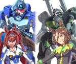  2girls animal_ears assault_visor bazooka_(gundam) beam_rifle breasts brown_eyes brown_hair daiwa_scarlet_(umamusume) earth_federation earth_federation_space_forces energy_gun fang glowing glowing_eye gm_sniper_ii gun gundam gundam_0080 hair_between_eyes hair_intakes hair_over_one_eye holding holding_gun holding_weapon horns horse_ears horse_girl kampfer_(mobile_suit) kin-san_(sasuraiga) long_hair mecha mecha_pilot_suit mobile_suit multicolored_hair multiple_girls normal_suit_(gundam) one-eyed open_mouth radio_antenna red_eyes rifle robot science_fiction scope shoulder_spikes single_horn smile sniper_rifle spikes tiara twintails umamusume very_long_hair vodka_(umamusume) weapon white_hair zeon 