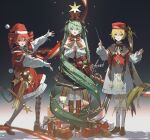  3girls :o absurdly_long_hair akita_neru aqua_eyes aqua_hair black_skirt blonde_hair blush bow box brown_shoes capelet chinese_commentary christmas_tree_costume commentary_request cropped_jacket diamond_print dress drill_hair fur_trim gift gift_box green_bow hair_between_eyes hat hatsune_miku highres jacket kasane_teto kieed kneehighs long_hair long_sleeves looking_at_another looking_at_viewer multiple_girls open_mouth own_hands_together pantyhose red_capelet red_dress red_eyes red_hair red_hat red_jacket red_shoes red_socks santa_hat shirt shoes side_ponytail skirt socks striped_clothes striped_socks triple_baka_(vocaloid) twin_drills utau very_long_hair vocaloid white_dress white_pantyhose white_shirt white_socks yellow_eyes 