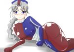  blue_eyes blush braid corset female grey_hair latex latex_dress nipples simple_background tamakko touhou yagokoro_eirin 