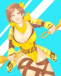  armor big_breasts breasts brown_eyes brown_hair cleavage female hair_ornament kunai large_breasts leotard nene open_mouth ribbon sarusuberi sengoku_musou sengoku_musou_2 sengoku_musou_3 short_hair solo thighhighs weapon yellow_ribbon 