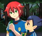  blue_hair eating inazuma_eleven inazuma_eleven_(series) kappa kiyama_hiroto kogure_yuuya red_hair 