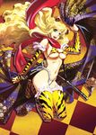  animal_ears animal_print big_hair bikini_top blonde_hair breasts bridal_gauntlets cat_ears fangs green_eyes highres hiroe_rei katana large_breasts long_hair open_mouth original scarf sideboob skindentation smile solo sword thighhighs tiger_print underboob weapon 