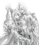  2boys 2girls absurdres anaxa_(honkai:_star_rail) armor arms_behind_back backless_dress backless_outfit cape capelet castorice_(honkai:_star_rail) closed_eyes closed_mouth commentary_request dress drill_hair eyepatch frown greyscale hair_intakes happy hat head_on_another's_shoulder high_five highres honkai:_star_rail honkai_(series) hyacine_(honkai:_star_rail) long_hair low-tied_long_hair lv_minus999 monochrome multiple_boys multiple_girls open_mouth phainon_(honkai:_star_rail) pointy_ears ponytail short_hair shoulder_armor tiara twintails 