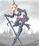  1girl armor blonde_hair demon&#039;s_souls demon's_souls female from_software gackt-c genderswap headdress high_heels long_hair midriff miniskirt outdoors penetrator red_eyes skirt sky solo souls_(from_software) sword thighhighs weapon 