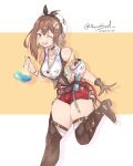  1girl absurdres atelier_(series) atelier_ryza bare_shoulders black_ribbon boots breasts brown_boots brown_eyes brown_hair brown_vest cleavage collarbone cowboy_shot earrings hair_ribbon highres jewelry kevin3rd large_breasts one_eye_closed red_shorts reisalin_stout ribbon shirt shorts solo thigh_boots vest white_hair white_shirt white_vest 