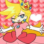  blonde_hair blue_eyes cosplay crown dress earrings female flat_color gloves jewelry long_hair mario_(series) nintendo open_mouth panty_&amp;_stocking_with_garterbelt panty_(character) panty_(psg) princess_peach princess_peach_(cosplay) smile solo super_mario super_mario_bros. teeth wink 