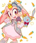  1girl 1other alternate_costume animal_ears blue_bow blue_dress blue_shoes blush bow bowtie carrot chao_(sonic) cheese_(sonic) child closed_eyes commentary cream_the_rabbit crown dress english_commentary full_body furry furry_female gloves hair_bow highres hin_9652 holding holding_sword holding_weapon ibispaint_(medium) looking_at_viewer neutral_chao notice_lines open_mouth puffy_short_sleeves puffy_sleeves rabbit_ears rabbit_girl red_bow red_bowtie shoes short_sleeves simple_background smile solo_focus sonic_(series) standing sword weapon white_background white_gloves yellow_eyes 