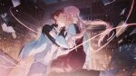  1boy 1girl alternate_universe black_jacket blush book book_focus book_stack breasts brown_vest emiya_shirou fate/stay_night fate_(series) floating floating_book floating_object french_kiss gaoyue_jixiang groom hair_ornament hand_on_another's_face highres jacket kiss library long_hair long_sleeves momomiya_shizuku_(gaoyue_jixiang) oc_x_canon open_clothes open_jacket orange_hair original pastels pink_eyes red_hair shirt too_many too_many_books too_many_papers vest white_jacket 