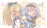 3girls :d ^_^ aged_down ahoge armor black_gloves blue_bow blue_hair blue_jacket blue_skirt blush_stickers boots bow braid breasts brown_boots brown_eyes brown_hair cleavage cleavage_cutout closed_eyes closed_mouth clothing_cutout commentary_request dark-skinned_female dark_skin elf finger_to_mouth fingerless_gloves frilled_skirt frills fur-trimmed_boots fur-trimmed_jacket fur-trimmed_sleeves fur_trim gloves grey_hair hair_bow headpiece heart heart_ahoge highres hololive jacket large_breasts long_hair long_sleeves mitarashi_neko multicolored_hair multiple_girls outline pauldrons pleated_skirt pointy_ears ponytail shiranui_flare shiranui_flare_(1st_costume) shirogane_noel shirogane_noel_(1st_costume) shoulder_armor skirt smile streaked_hair thighhighs thighhighs_under_boots very_long_hair virtual_youtuber white_outline white_thighhighs wide_sleeves yukihana_lamy yukihana_lamy_(1st_costume) 