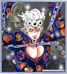  1boy 1other araki_hirohiko blue_eyes blue_jacket chain compound_eyes cover cover_page giorno_giovanna gold_experience heart heart_print highres jacket jojo_no_kimyou_na_bouken ladybug_brooch ladybug_ornament long_sleeves male_focus official_art open_clothes open_jacket open_mouth pectoral_cleavage pectorals scan second-party_source stand_(jojo) traditional_media vento_aureo victory_rolls white_hair 
