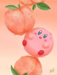  :d blue_eyes blush_stickers commentary_request food food_focus fruit gradient_background highres kirby kirby_(series) leaf looking_at_viewer no_humans odayaka_(odk_yuk) open_mouth peach pink_background signature smile solid_oval_eyes water_drop 