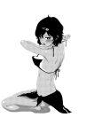  1boy adjusting_clothes adjusting_swimsuit arms_up barefoot bikini blush bright_pupils commentary_request crossdressing crossdressing_(mtf) dimples_of_venus fetishist from_behind from_side full_body greyscale hair_ornament hairclip halterneck highres invisible_floor looking_at_viewer looking_back male_focus median_furrow monochrome nipples open_mouth science_adventure screentones seiza short_hair shoulder_blades simple_background sitting skull_hair_ornament solo spine steins;gate swimsuit tan tanlines towel towel_around_waist trap turning_head urushibara_luka 