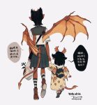  2girls bag black_bag black_hair black_nails black_sailor_collar black_skirt black_socks chinese_commentary chinese_text colored_skin demon_girl demon_horns demon_tail demon_wings digitigrade dress facing_away full_body grey_background hair_horns holding holding_bag holding_hands horns juanmao kneehighs long_sleeves monster_girl multiple_girls multiple_wings orange_scales orange_wings original plastic_bag pleated_skirt pointy_ears red_footwear red_skin sailor_collar scales school_uniform shirt shoes short_hair short_sleeves shoulder_bag siblings simple_background sisters skirt snake_tail sneakers socks speech_bubble standing striped striped_socks tail translation_request walking white_shirt white_socks wings yellow_dress 