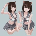  1girl animal_ear_fluff animal_ears arm_up bangs blunt_bangs bra breasts brown_eyes brown_hair cat_ears closed_mouth commentary_request frilled_bra frills grey_sailor_collar grey_skirt hand_to_head hand_up highres light_blush medium_breasts medium_hair multiple_views open_mouth original pleated_skirt sailor_collar shiren_(ourboy83) simple_background sitting skirt smile standing teeth underwear upper_teeth 