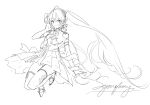  1girl dress elbow_gloves floating floating_hair full_body gloves hair_between_eyes hatsune_miku legs_folded lineart looking_at_viewer miku_symphony_(vocaloid) monochrome pleated_dress rella sketch smile solo standing thighhighs twintails vocaloid zettai_ryouiki 