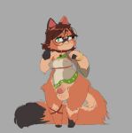 2026 alternate_species anthro balls biped blush bodily_fluids breasts brown_body brown_fur brown_hair calico_cat cinnamimi clothed clothing collar cute_fangs digital_media_(artwork) dipstick_tail domestic_cat embarrassed eyewear facial_markings fangs felid feline felis front_view fur genital_fluids genitals glasses green_clothing green_eyes grey_background gynomorph hair handpaw head_markings hi_res intersex looking_at_viewer mammal markings mask_(marking) nipple_outline paws penis precum round_glasses runa_ravnsdal semi-anthro shortstack simple_background skimpy solo standing tail tail_markings teeth