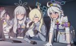 4girls absurdres ahoge angryangrykim animal_ear_fluff animal_ears armband black_gloves black_necktie black_skirt blonde_hair blue_archive blue_eyes blue_halo blue_shirt blush bow braid braided_ponytail breasts center-flap_bangs coffee_mug commentary_request computer_keyboard cup dilated_pupils dog_ears dog_girl double-parted_bangs embarrassed extra_ears fubuki_(blue_archive) gloves grey_bow grey_eyes grey_hair grey_halo hair_bow hair_over_one_eye halo hat hawaiian_shirt highres holding holding_cup indoors kanna_(blue_archive) kirino_(blue_archive) konoka_(blue_archive) large_breasts long_hair mask mask_pull medium_breasts mouth_mask mug multiple_girls necktie notched_ear open_mouth pleated_skirt police police_badge police_hat police_uniform policewoman purple_armband purple_halo purple_necktie red_eyes red_halo sharp_teeth shirt sidelocks single_braid skirt smoke_grenade spit_take spitting teeth twintails white_gloves white_hair 