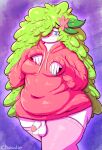  2022 anthro blue_eyes brambles_(chowdie) butt chowdie clothed clothing flower footwear fur generation_4_pokemon genitals girly green_hair hair hi_res hoodie humanoid_genitalia humanoid_penis land_forme_shaymin legendary_pokemon legwear long_hair male nintendo overweight overweight_anthro overweight_male penis pink_clothing pink_footwear pink_socks plant pokemon pokemon_(species) shaymin shy smile socks solo stockings thigh_highs topwear video_games 