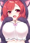  1girl :d absurdres animal_hood azur_lane blush bow breast_squeeze breast_suppress breasts cat_hood choker cleavage crop_top fang highres hood hoodie i-19_(azur_lane) i-19_(pillowy_paradise)_(azur_lane) kinomiki_nobori large_breasts lying medium_hair midriff on_back open_clothes open_hoodie oppai_loli red_eyes red_hair skin_fang sleeves_past_wrists smile solo upper_body 