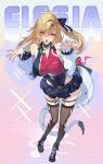  1girl ahoge bare_shoulders blonde_hair blush breasts brown_thighhighs chalky_(zenless_zone_zero) character_name cissia_(zenless_zone_zero) detached_sleeves fangs hair_between_eyes hair_ornament hands_up highres large_breasts leotard long_hair looking_at_viewer metal_wrist_cuffs multicolored_leotard open_mouth pink_nails pom_pom_(clothes) red_eyes sakichka shock_collar snake snake_girl snake_tail solo standing tail thighhighs tongue tongue_out two-tone_leotard underboob white_snake zenless_zone_zero 