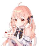  1girl ahoge black_bow black_bowtie blush bow bowtie braid cake cake_slice cherry_ornament commentary dress eating flower_ornament food food-themed_hair_ornament fork frilled_sleeves frills fruit hair_bow hair_ornament highres holding holding_fork holding_plate indie_virtual_youtuber kano_mahoro long_hair miyako_draw off_shoulder open_mouth pink_hair plate red_eyes simple_background solo strawberry strawberry_cake strawberry_hair_ornament twintails untranslatable_commentary upper_body white_background 